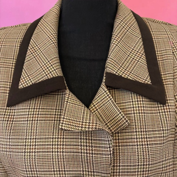 Vintage 80s Virgo II Tan Khaki Brown Houndstooth Blazer w/ Shoulder Pads Size 14 - Picture 9 of 14